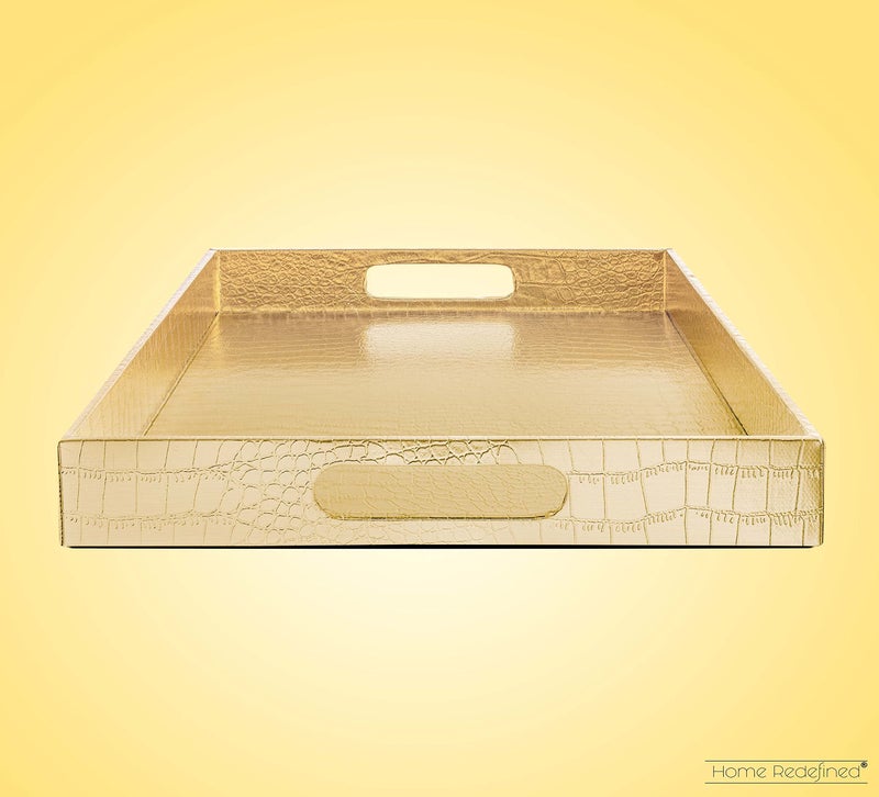 Home Redefined 17.5"x12" Gold Glossy Crocodile Faux Leather Serving Tray Beautiful Modern Elegant Decorative Tray with Handles Ottoman Coffee Table Tray for All Occasion's - Image 4